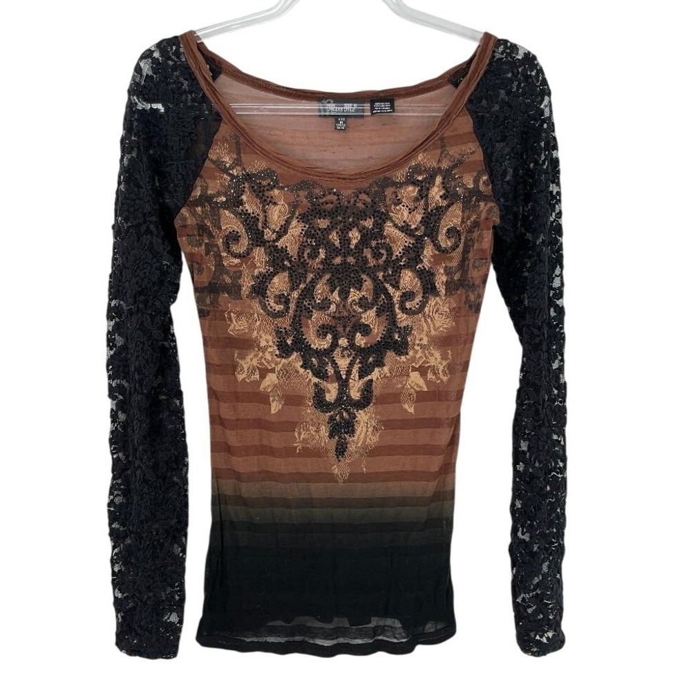 Miss Me Sheer Silk Blend Rhinestone M Top Retro Y2K Witchy Goth Whimsigoth Grung